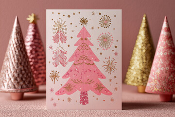 Elegant Christmas cards featuring pink and gold stylized trees with golden stars, set on textured paper, surrounded by glittery ornaments and soft festive decor.
