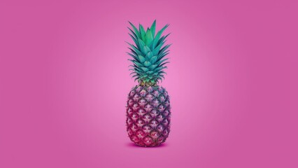 Pinkglow pineapple. Purple pineapple with green leaves on pink backgro