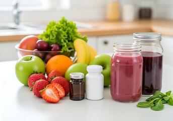 Healthy lifestyle with fresh fruits vegetables smoothies and dietary supplements on kitchen counter