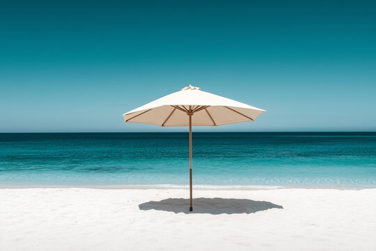 Beige Beach Umbrella on White Sand with Blue Ocean – Summer Coastal Scene
