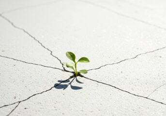 Small green plant bravely growing from a crack in a hard concrete surface