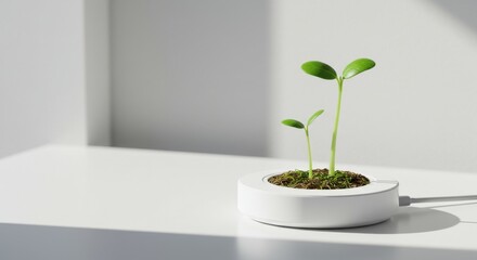 Small green sprouts growing in a modern white planter with soft sunlight