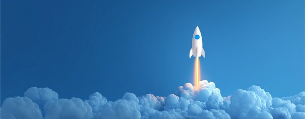 Rocket Ascent: A white rocket soars dramatically into the cerulean expanse, leaving a trail of fiery exhaust and vapor trails through a cloudscape, symbolizing innovation, ambition, and progress.