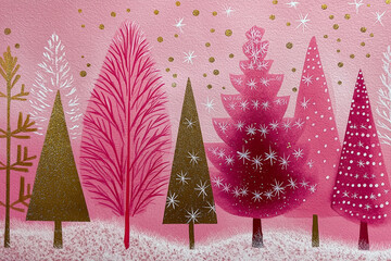 A festive pink holiday illustration featuring stylized Christmas trees in shades of pink, gold, and green, surrounded by white snowflakes.