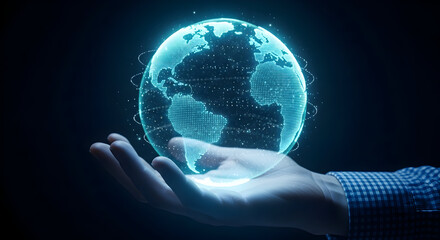 Global Connectivity and Technology: Hand Holding a Glowing Digital Earth Network