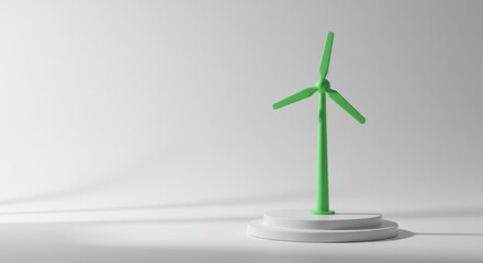 A vibrant green wind turbine model stands on a circular white pedestal against a clean, bright background