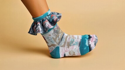 Ruffle Socks. Child feet wearing colorful patterned ankle socks, beige