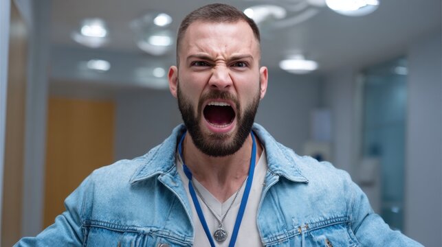 Furious doctor shouting in hospital corridor