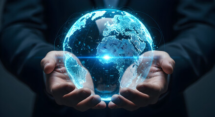 Digital Earth Globe in Human Hands, Global Network and Technology Concept