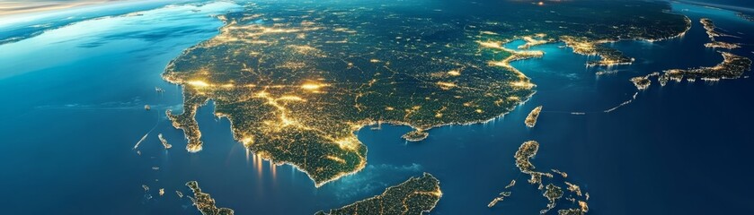 Southeast Asia at Night City Lights View from Space, urbanization , geography