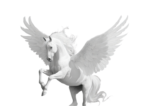 A majestic white pegasus, wings outstretched, in a dynamic pose