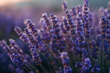 Fototapeta premium Close-up of Lavender Flowers at Sunset in Field, great for beauty, spa products