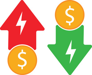 Electricity, energy or utility bill increase and decrease symbol. set of power consumption increase and decrease icon