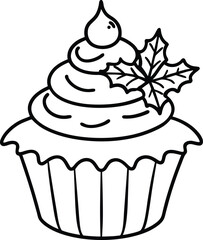 Delicious christmas cupcake line art vector illustration