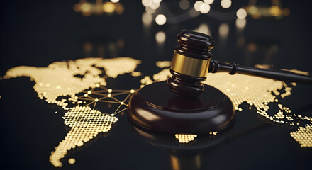 Obraz premium Global Law and Justice: Gavel on Digital World Map Representing International Legal Concepts