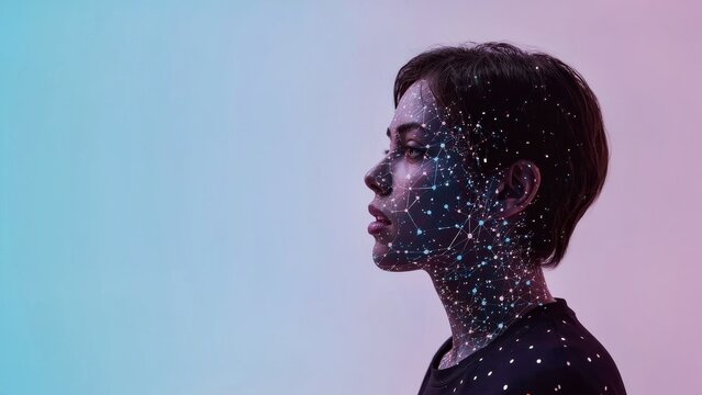 Voice cloning. Young woman profile with colorful light spots on face, 