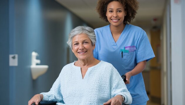 Caring nurse assisting elderly woman in wheelchair - Powered by Adobe
