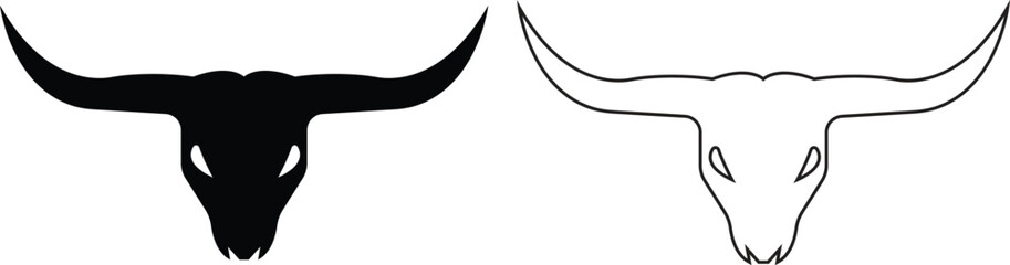 Bull head silhouette icons set flat, outline style, vector buffalo, ox skulls with horn variations, black wild animal symbol for cowboy, rodeo, tribal, Western or logo design on transparent background