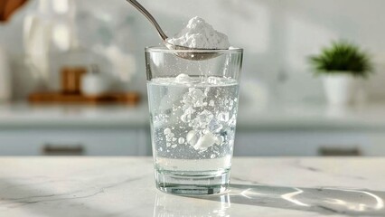Calcium Lactate. Clear glass of water with ice cube and spoonful of sa