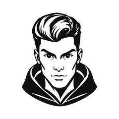 Stylish man portrait, vector avatar, male face illustration, modern hairstyle drawing, hooded guy design