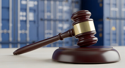 Obraz premium Gavel Representing International Trade Law, Global Logistics, and Shipping Regulation, with Blurred Cargo Containers in the Background