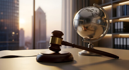 Global Justice and Law: Judge's Gavel and World Map on Desk at Sunset