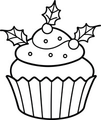 Festive christmas cupcake line art vector illustration