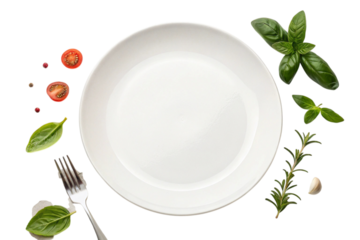 Empty white plate surrounded by fresh ingredients and fork isolated on transparent background