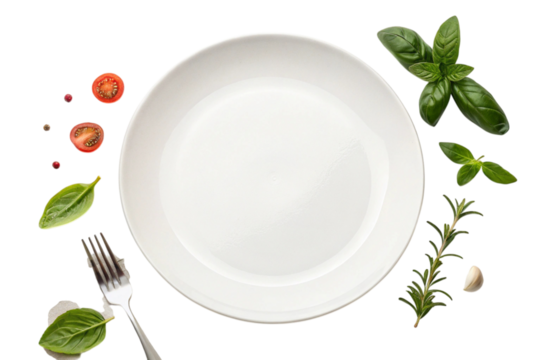 Empty white plate surrounded by fresh ingredients and fork isolated on transparent background