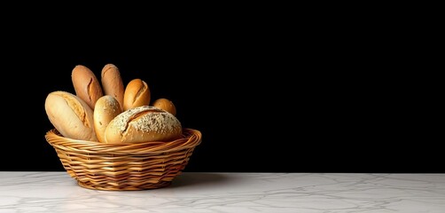 A rustic bread basket overflowing with freshly baked loaves sits on a marble table against a stark black backdrop, contrast, baking