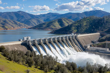 Stunning view of a dam releasing water into a serene lake surrounded by mountains