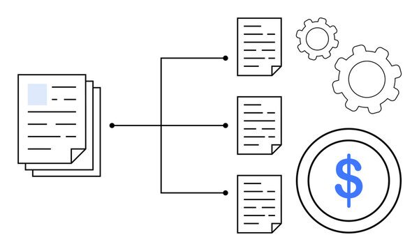 Document stack connected to split files, gears symbolizing processes, dollar sign for monetization. Ideal for workflow, automation, finance, file sharing, document management, process optimization