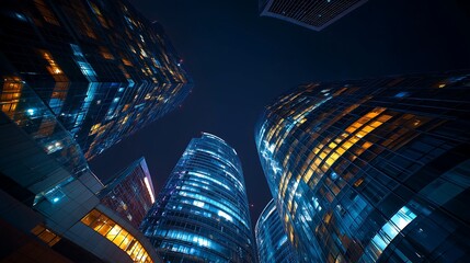 Night Cityscape: Low Angle View of Illuminated Skyscrapers