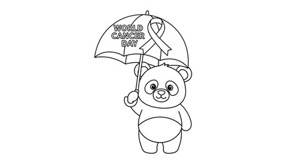Obraz premium Adorable Panda Bear Holding World Cancer Day Umbrella: Line Art Illustration, Hopeful and Supportive Design.