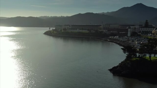 Aerial view of San Quentin Rehabilitation Center, a California state prison for men, located north of San Francisco in the USA, on a sunny day.