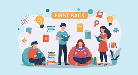 Back to School Students Reading and Learning Flat Vector Illustration