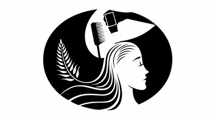 Stylized silhouette of woman getting hair styled with comb and product inside black circle shape