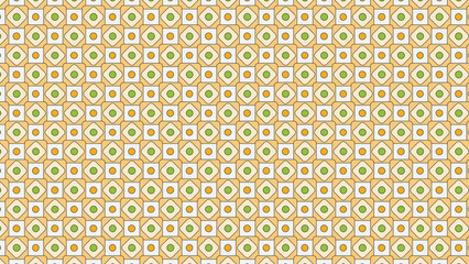 Repeating pattern of squares and diamonds with circles in green and orange on a beige background