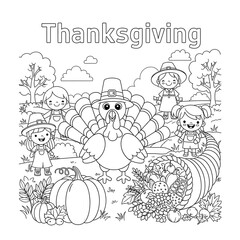Adorable Thanksgiving Coloring Page: Cartoon Children, Turkey, Cornucopia, Pumpkins, Autumn Harvest Illustration.