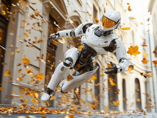 selective focus on robot moving among falling leaves
