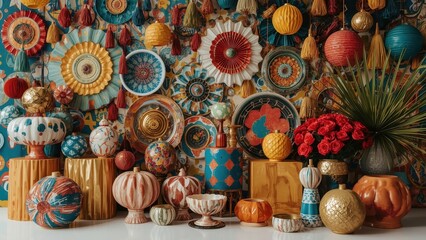 Maximalism. Colorful pumpkins autumn decor with flowers and candles fo