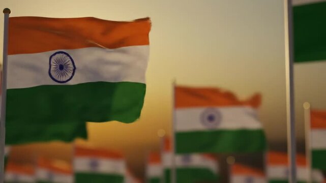 Indian flags waving in sunrise
