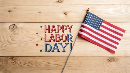 Obraz premium Happy Labor Day message with USA flag on rustic wooden backgroundPatriotic Labor Day greeting with American flag and wood textureLabor Day celebration text with stars and stripes on wooden surface