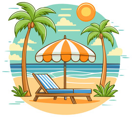 Fototapeta premium Sunny Tropical Beach Paradise with Lounge Chair and Umbrella Cartoon Illustration