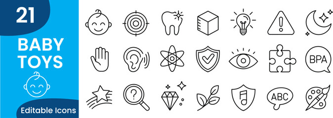 Collection of Baby Toys and Development Icons Vector Set in Line Style for Design