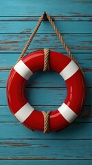 Red and White Life Lifebuoy Hanging on Ropes Against Blue Wooden Background for Safety Warning or Marine Rescue Concept