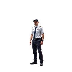 Security officer action urban setting professional portrait daytime standing viewpoint public safety focus
