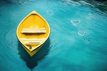 A bright yellow rowboat floats serenely on a turquoise lake, with heart-shaped ripples on the water's surface