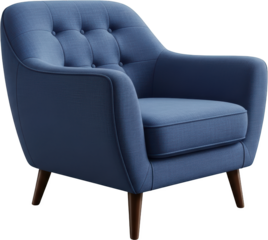 Blue upholstered armchair with tufted back and wooden legs furniture seating transparent background