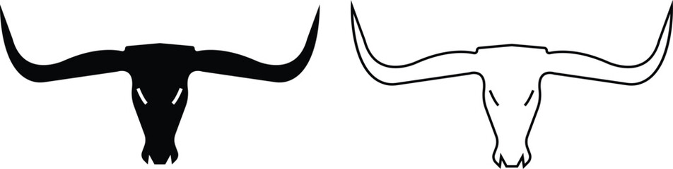 Bull head silhouette icons set flat, outline style, vector buffalo, ox skulls with horn variations, black wild animal symbol for cowboy, rodeo, tribal, Western or logo design on transparent background